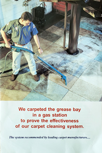 We carpeted the greaswy bay in a gas station to prove teh effectiveness of our carpet cleaning system.